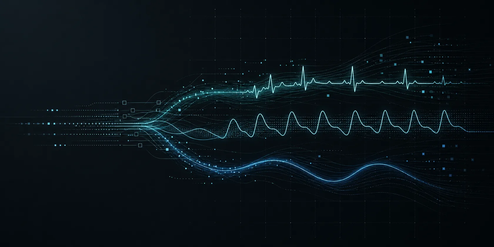 Abstract teal ECG, plethysmography, and respiration waveforms flowing through a dark field of data traces.